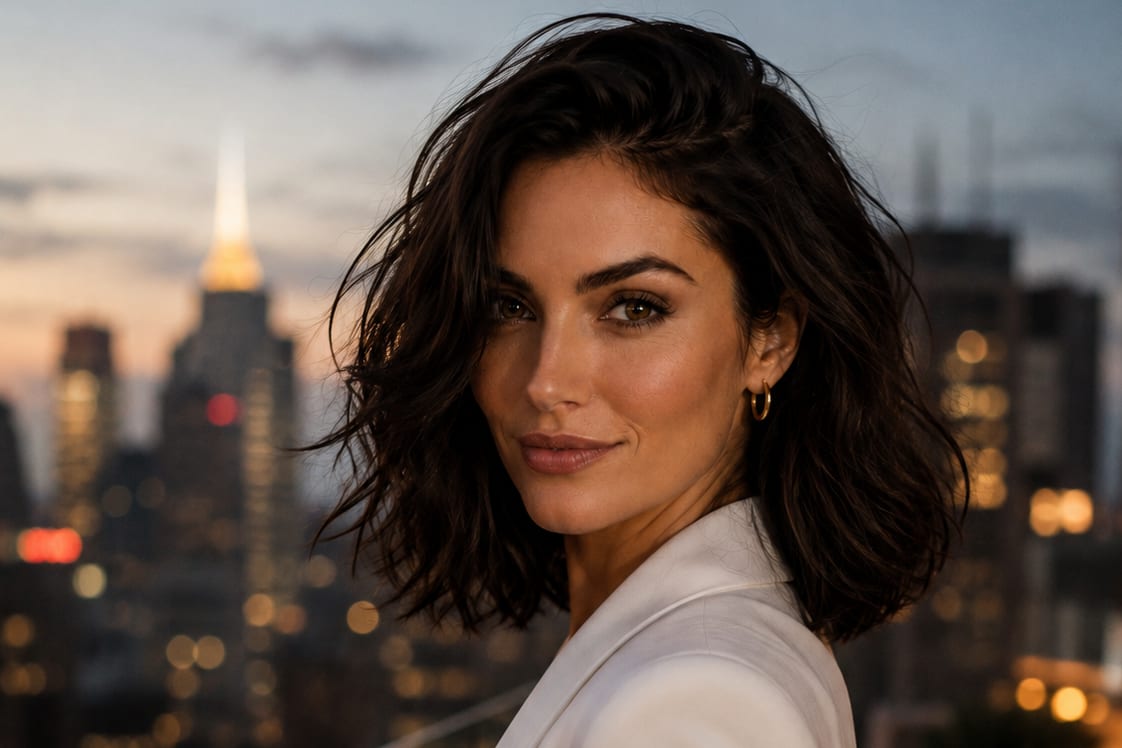 Claire on a rooftop at dusk, city lights behind her