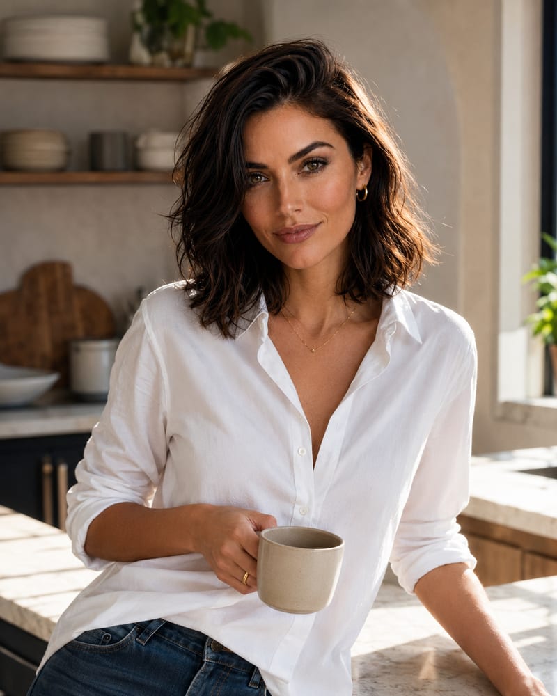 Claire at a kitchen counter with a mug of coffee, morning light